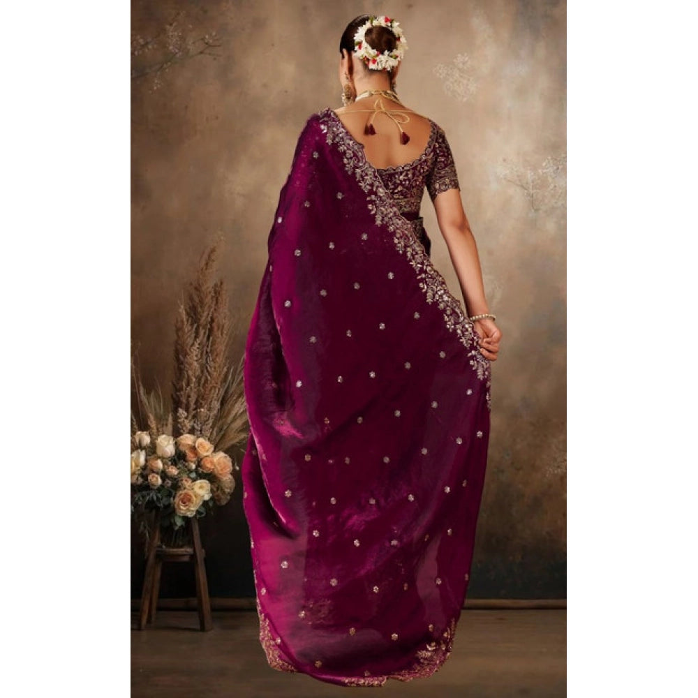 Women's Silk Embroidered Saree With Unstitched Blouse 5.5Mtr (Wine)