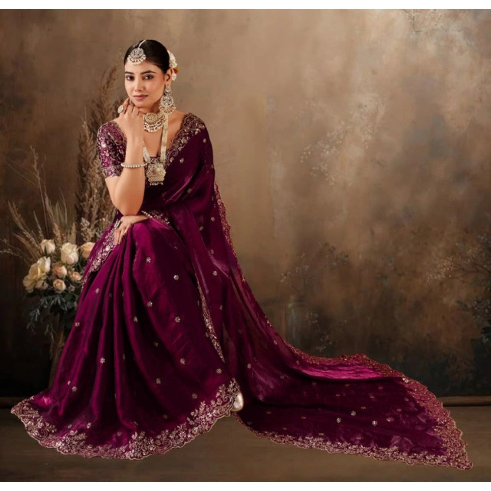 Women's Silk Embroidered Saree With Unstitched Blouse 5.5Mtr (Wine)