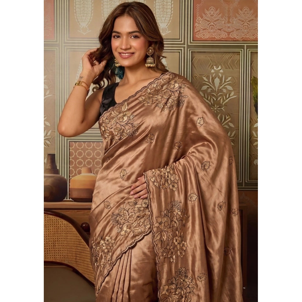 Women's Viscose Silk Embroidered Saree With Unstitched Blouse 5.5Mtr (Brown)