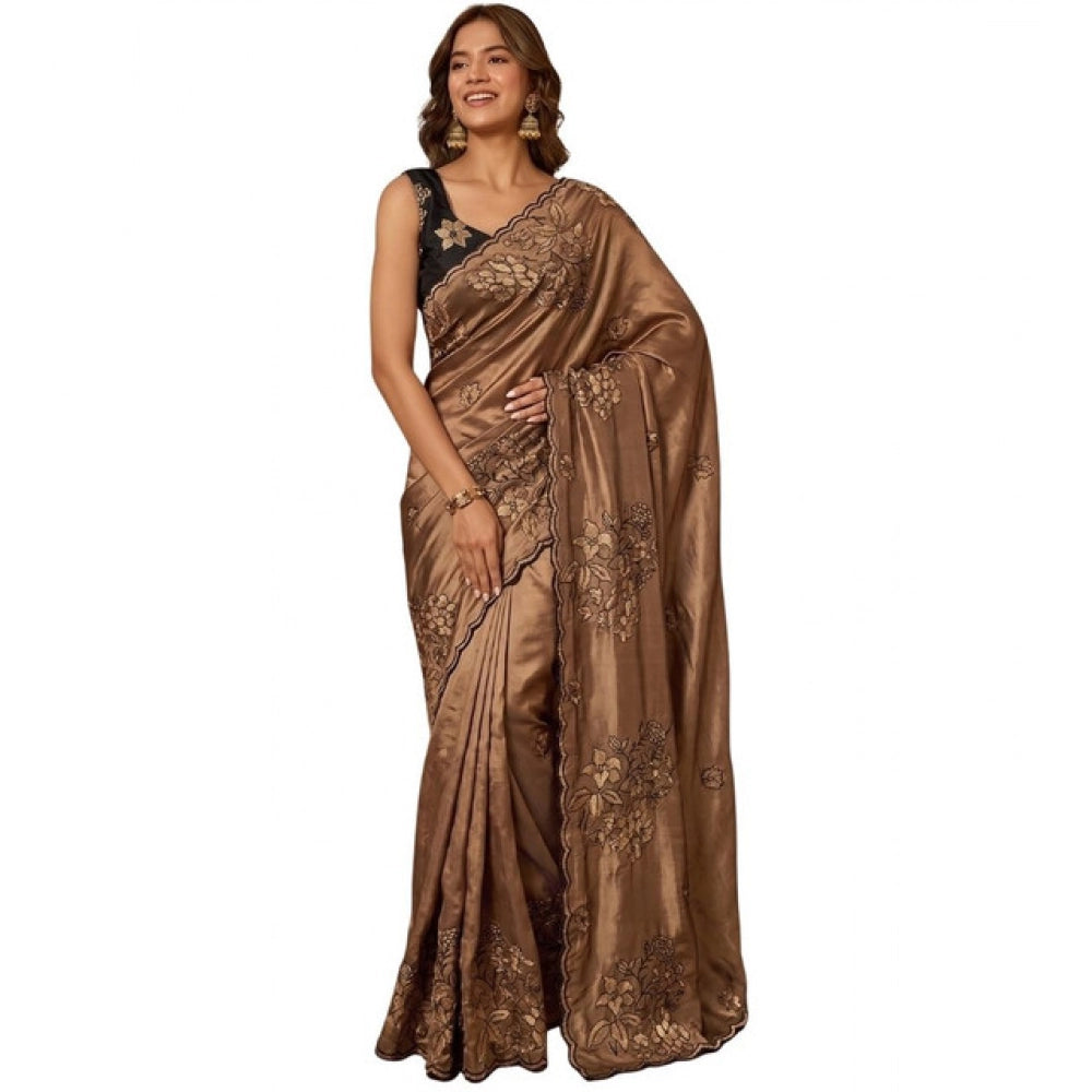 Women's Viscose Silk Embroidered Saree With Unstitched Blouse 5.5Mtr (Brown)