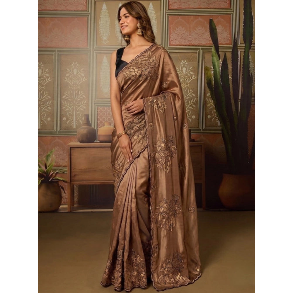 Women's Viscose Silk Embroidered Saree With Unstitched Blouse 5.5Mtr (Brown)