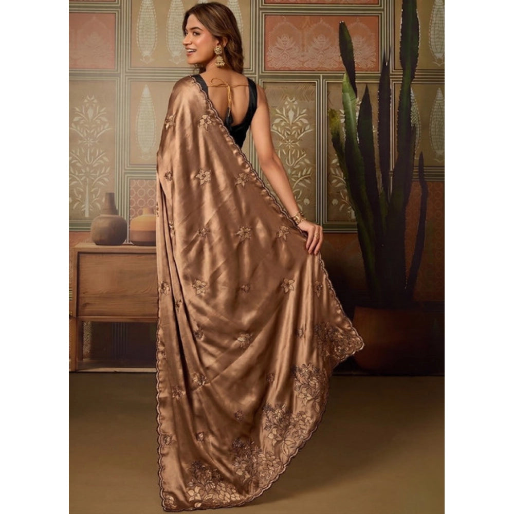 Women's Viscose Silk Embroidered Saree With Unstitched Blouse 5.5Mtr (Brown)